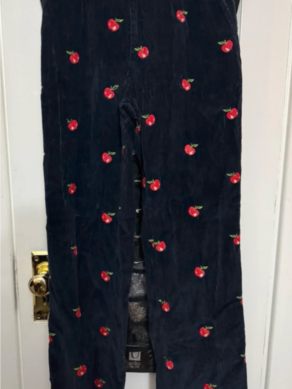 david brooks Navy Corduroy Pants with Red Cherry Embroidery